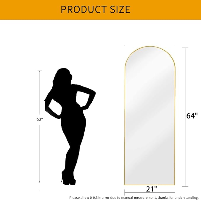 Arched Full Length Mirror, 64"X21" Large Floor Mirror, Full Body Mirrors for Leaning or Hanging, Standing Mirrors for Bedroom, Living Room,Dressing Room, Aluminum Alloy Frame, Gold