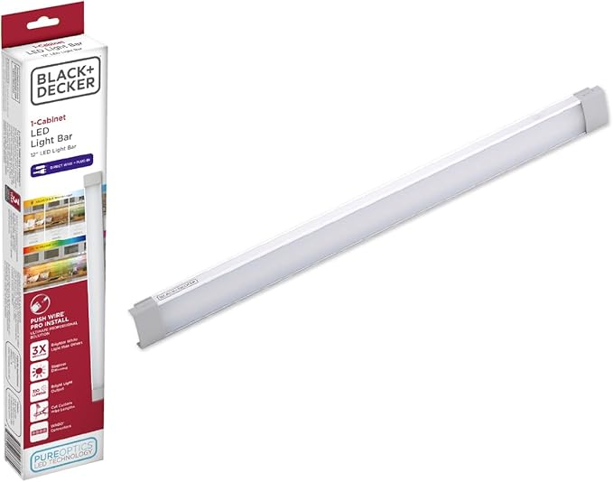 Black+Decker PureOptics Professional Push Wire Under Cabinet Light Bar, Add-on, Plug-in or Hardwire Compatible, Adjustable White and RGB LED, for Kitchen, Pantry, Cabinets, (1) 12" Bar