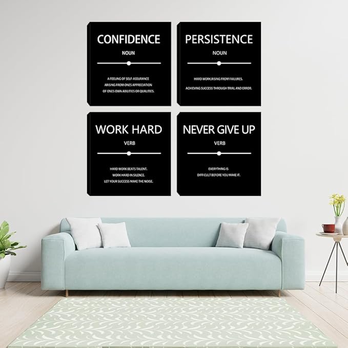 Motivational Wall Art Office Wall Decor 4 Pieces Inspirational Quotes Canvas Wall Art Poster Prints Framed Decoration Artwork for Office Living Room Bedroom Decor 12"x12"x4