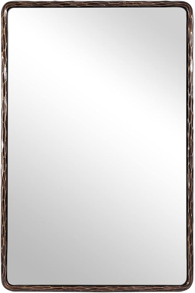 ANDY STAR Hand-Forged Bronze Bathroom Mirror for Wall, 24x36 Inch Vintage Solid Steel Metal Frame Bathroom Vanity Mirror, Antique Rounded Rectangle Wall Mirror, Hangs Horizontally or Vertically