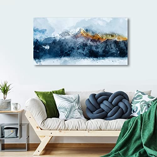 arteWOODS Mountain Canvas Wall Art Indigo Abstract Mountain Painting Prints Blue Clouds Orange Mountain Peaks Pictures Artwork for Living Room Bedroom Gallery Wall Decor Ready to Hang 29" X 58"
