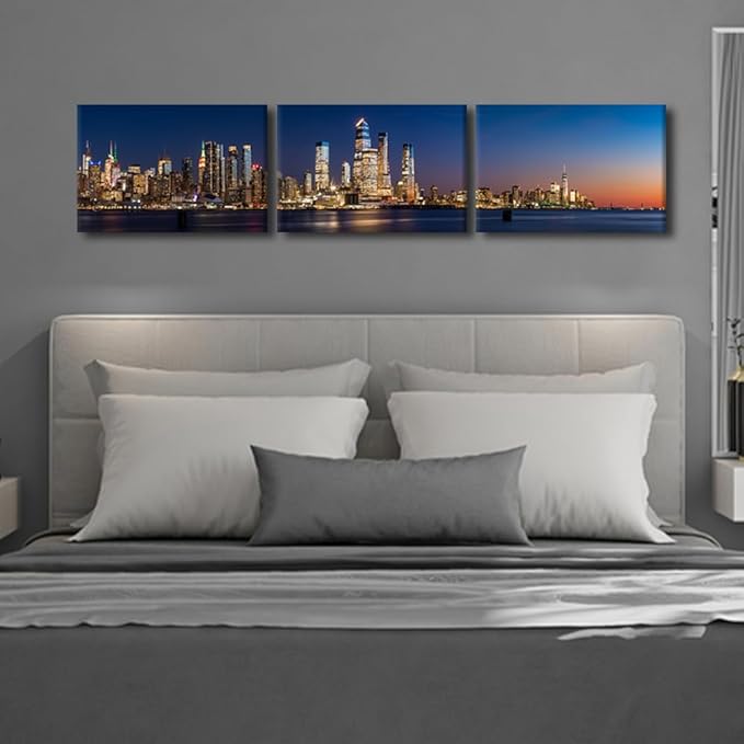Black and White Wall Art View Across Hudson River of Skyscrapers of New York City Pictures Cityscape Paintings Canvas Artwork Urban Buildings Posters Prints Modern Decor Ready to Hang 16x72 Inch