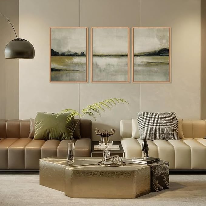 KAIRNE Abstract Mountain Lake Wall Art Set, 3 piece Textured Canvas Wall Decor, Framed Nordic Neutral Tan Painting, Nature Landscape Art Print for Bedroom, Living Room, Office - 24"x36"x3