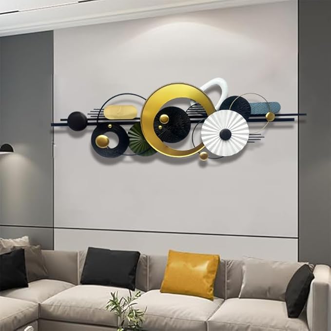 Metlzks Modern Abstract Metal Wall Art,Large 59×20 Inches Wall Decor, Geometric Circles Design Wall Sculptures, Gold Black White, Wall Decoration for Living Room Bathroom Bedroom Dining Room
