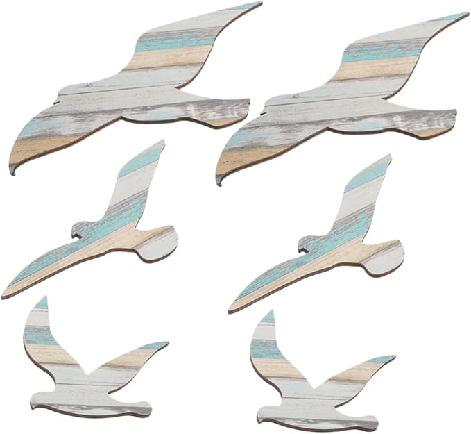 MUCKLILY 6pcs Wooden Seagull Wall Art Coastal Beach Decor Nautical Ocean-themed Wall Sculpture for Living Bedroom Easy DIY Installation Mediterranean Style