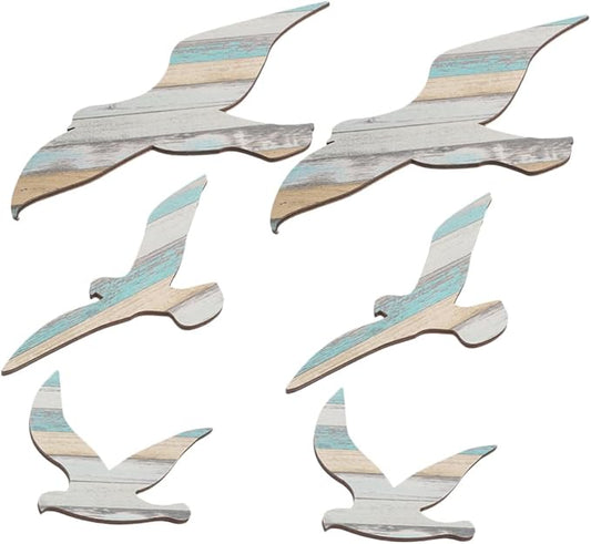 MUCKLILY 6pcs Wooden Seagull Wall Art Coastal Beach Decor Nautical Ocean-themed Wall Sculpture for Living Bedroom Easy DIY Installation Mediterranean Style