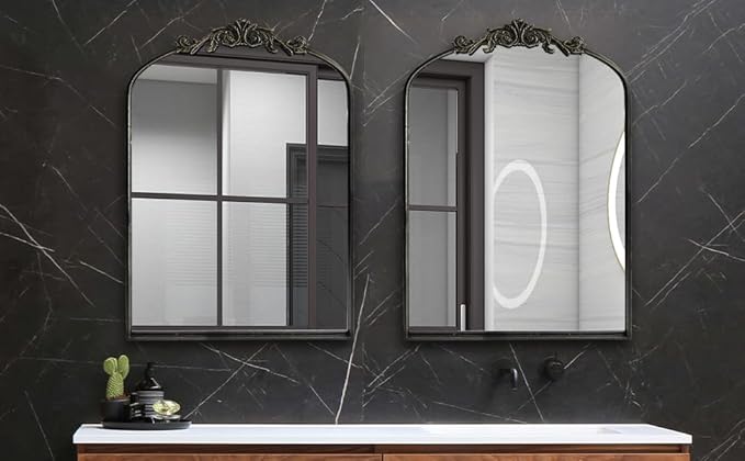 Black Ornate Mirror for Wall, Traditional Vintage Ornate Baroque Mirrors,Victorian Antique Bronze Full Matel Frame,Arched Mirror for Entryway/Bathroom/Fireplace 24"X36"