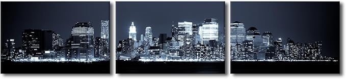 New York Skyline Canvas Wall Art Manhattan Wall Art for Living Room Cityscape at Night Pictures for Bedroom Modern Home Decor Office Bathroom Decorations Artwork Framed Ready to Hang 14x60 Inch