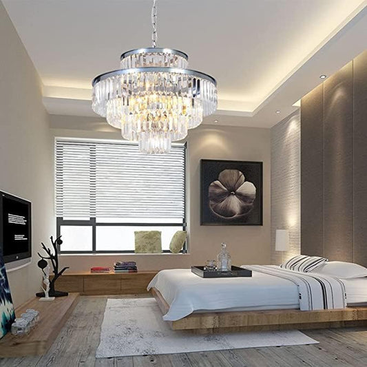 Chrome Modern Style Crystal Chandeliers & LightsRound Hanging Classic, Pendant Ceiling Chandelier Lighting Fixture 5-Tier for Dining Room Living Room(Chrome,24 inch)