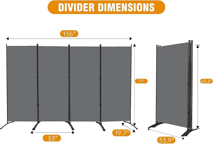 4 Panel Folding Privacy Screens, 6 FT Tall Wall Divider with Metal Frame, Freestanding Room Divider for Office Bedroom Study (4 Panel, Grey)