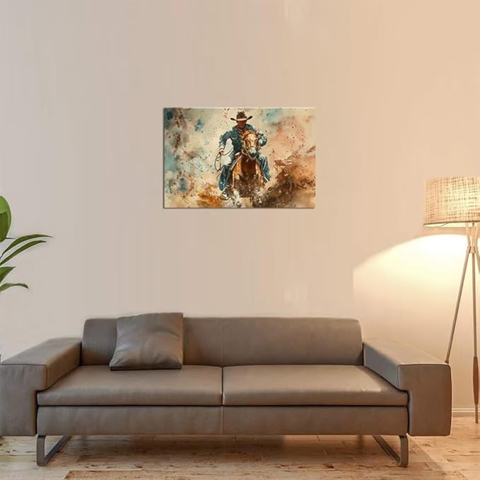 Cowboy Wall Art Pictures Vintage Horse Poster Canvas Prints Western Cowboy Artwork Wall Decor for Living Room Bedroom Office Home Decorations Framed Ready to Hang (12''H x 16''W)