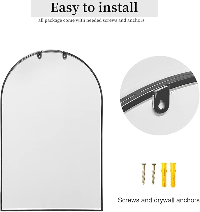 Arched Wall Mounted Mirror, 42"x24", Arch Black Mirror for Bathroom Vanity, Living Room or Bedroom, Entryway, Hallway Wall Mirror, Farmhouse Decorative Mirror for Hanging, Black, Iron Frame