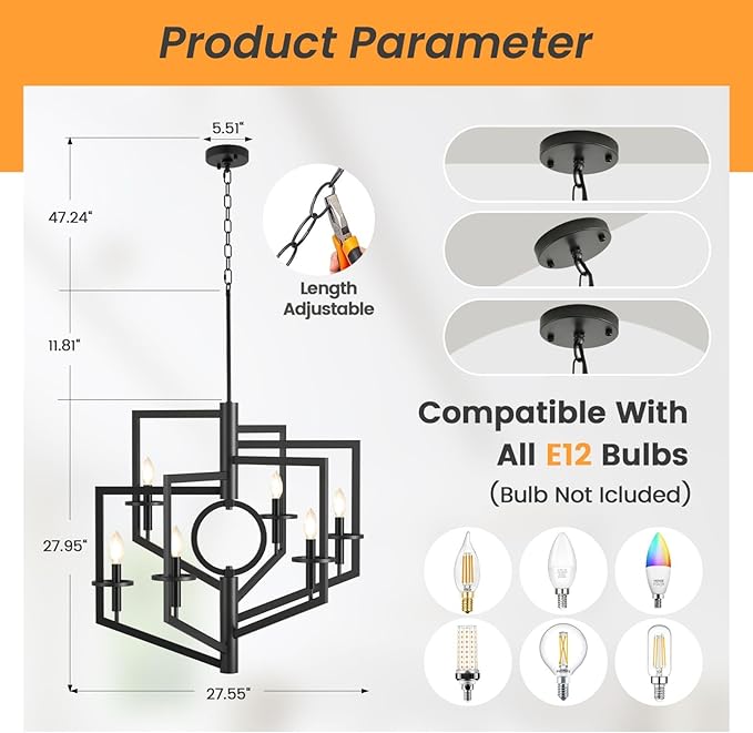 Black Chandelier, 6-Light Dining Room Light Fixtures Over Table, Farmhouse Kitchen Island Lighting, Modern Foyer Lighting Fixtures, Foyer Chandeliers for High Ceilings, for Staircase, Entryway