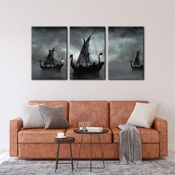 Pacimo Black and White Painting Wall Decor Vikings Ship Artwork Fantasy Sailing Boat Pictures for Living Room 3 Panel Dragon Modern Canvas Wall Art Framed Posters Prints Ready to Hang - 16" x 24" x 3