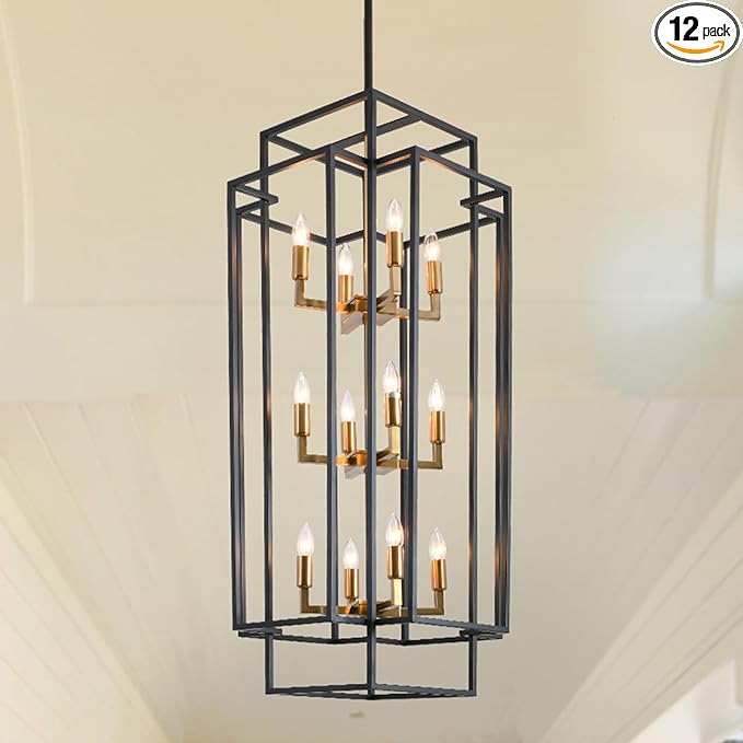 12-Light High Ceiling Chandeliers for Entryway, Black and Gold Large Pendant Light, Farmhouse Foyer Lighting Fixtures for Staircase Entry Dinning Room Kitchen Island