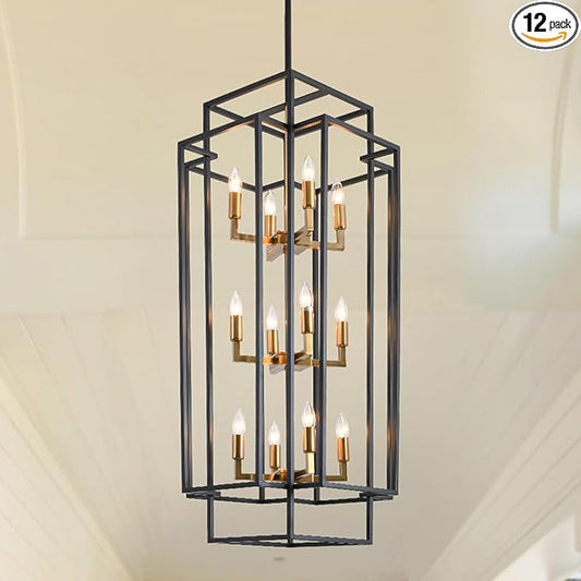 12-Light High Ceiling Chandeliers for Entryway, Black and Gold Large Pendant Light, Farmhouse Foyer Lighting Fixtures for Staircase Entry Dinning Room Kitchen Island