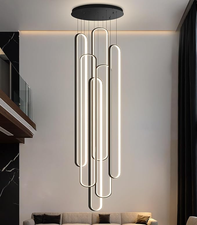 6 Rings Modern Large Chandelier for Staircase High Ceiling Chandelier LED Dimmable Black Chandeliers for Foyer Living Room Villa Black