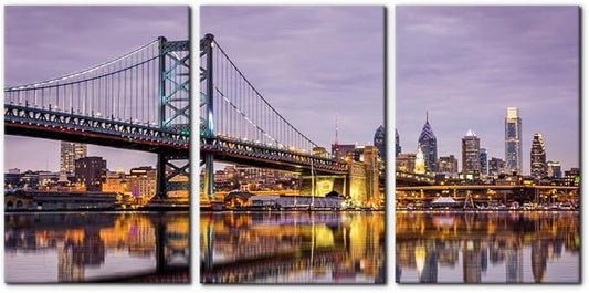 Pacimo Canvas Wall Art Ben Franklin Bridge Skyline Modern Home Decor Philadelphia Cityscape Picture Prints Modern Artwork for Wall Decor Stretch and Framed Ready to Hang - 16"x24"x3 Panels