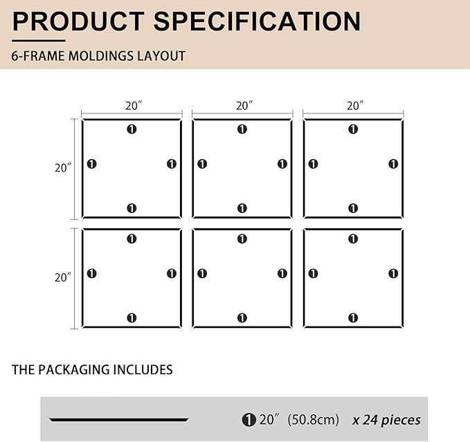 6 Set of 20" x 20" Pre-Cut Accent Wall Molding Trim Kit, Peel and Stick Premade Wainscoting Panels for Interior Decoration, Ready to Assemble Chair Rail Moulding