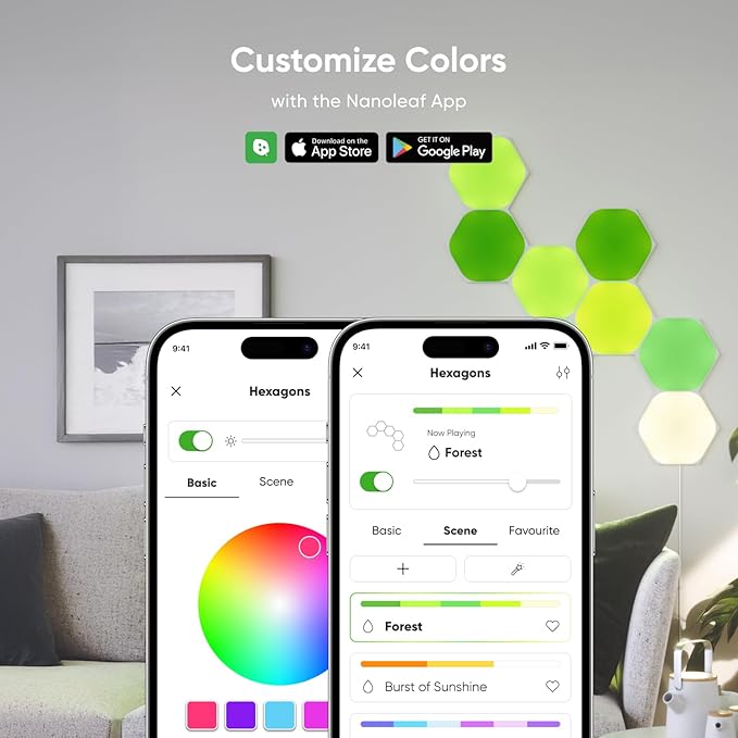 Nanoleaf Shapes LED Wall Lights, RGBW Smart Wall Panels with 16M+ Color, Compatible with Alexa & Google Assistant, Music Sync, DIY Gaming Light for Home Decor (Hexagons Smarter Kit 7 Pack)