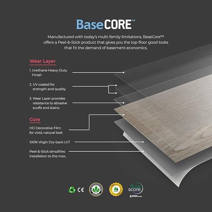 Luxury Vinyl Flooring Tiles by Lucida USA | Peel and Stick Floor Tile for DIY Installation | Sample Wood-Look Plank | Nero | Black | Basecore | 6 inch x 12 inch