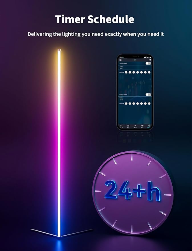 LED RGB Corner Floor Lamp, 159cm RGB-IC Smart Led Light Bar for Living Room, 16 Million Colors, Music Sync and Dimmer Corner Lighting