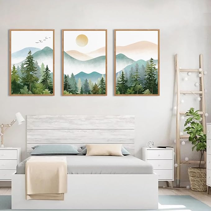 Anyzal Framed Green Mountain Wall Art Forest Painting Framed for Living Room Bedroom Bathroom 16x24 Inch Set of 3