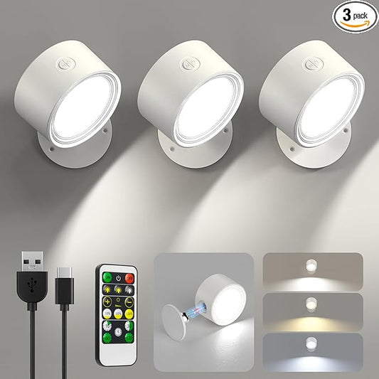 LED Wall Sconces 3 Pcs with Remote, Wall Mounted Lights Rechargeable Battery Operated, 3 Color Temperatures & Dimmable Wall Lamp Magnetic 360° Rotation Light for Bedroom Living Room