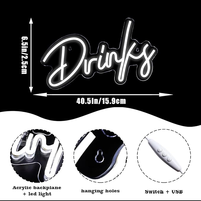 Looklight Drinks Neon Sign,Bar Neon Sign,Neon Signs for Wall Decor,Neon Sign For Room,White Neon Light Sign Led Neon Bar Signs USB Connectivity Light Up Wall Decor for Teen Room Bedroom Bar Store