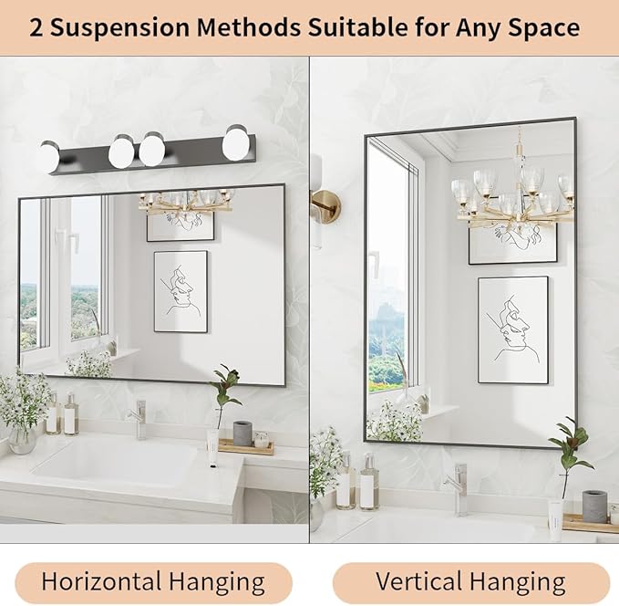 Koonmi Black Mirrors for Wall, 30x60 Inch Bathroom Mirror, Rectangular Wall Mirror for Living Room Bedroom Bathroom, Hangs Horizontally or Vertically