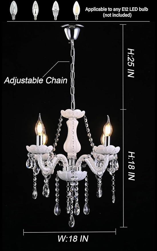 MALOSA 4 Light White Crystal Chandelier,Small Chandelier,Morden Mini Chandelier for Bedroom,Dining Room,Wedding Decoration,Girls Room.