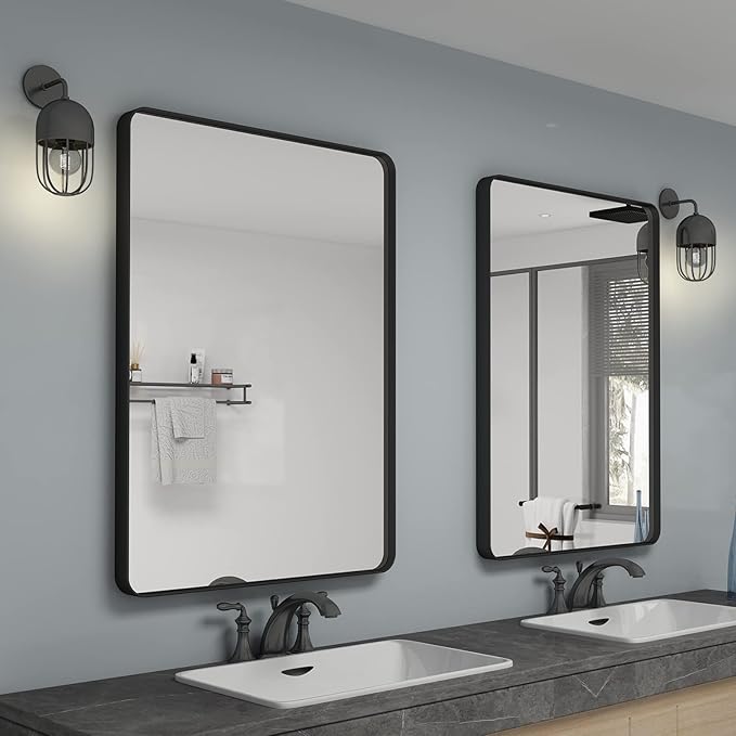 2 Pack of 24x36 Inch Black Metal Framed Bathrrom Mirror, Black Matte Rounded Rectangle Bathroom Vanity Mirror, Anti-Rust, Hangs Horizontally or Vertically