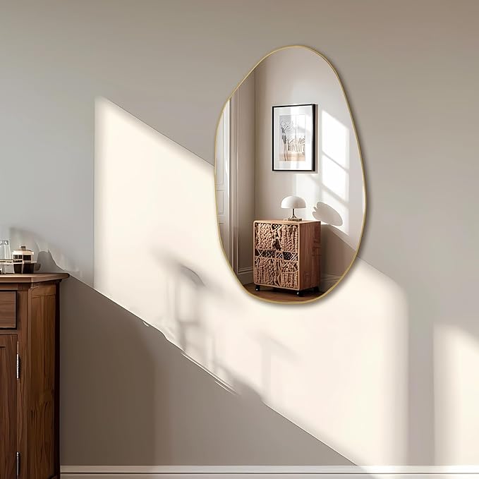 BOMINICA Irregular Wall Mirror Asymmetrical Mirror, Decorative Wall Mirror Golden Wood Framed, Wall Mounted Mirror for Bathroom Living Room Entryway Bedroom Hallway (Gold, 19.5" x 33.5")