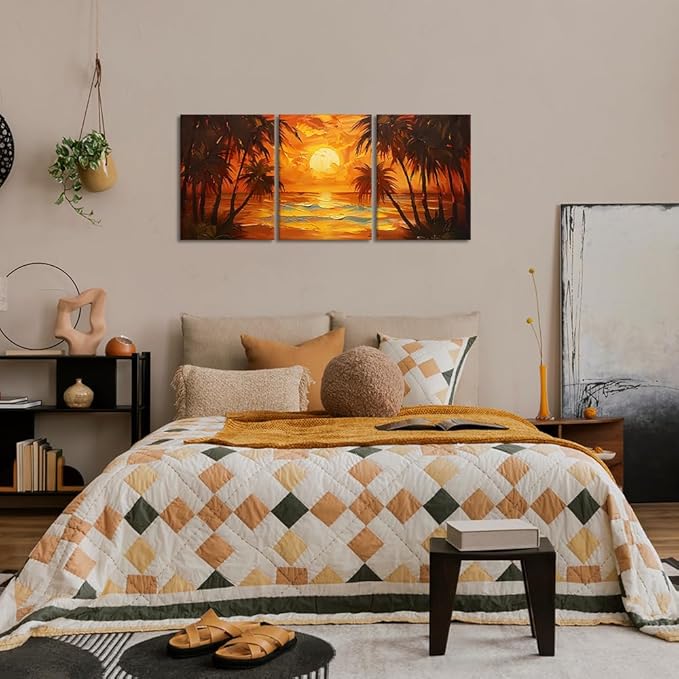 MAMAGO 3 Panels Coastal Sunset Canvas Wall Art Oil Painting Style Seascape Skyline Print Poster Beach Tropical Coconut Trees Modern Home Artwork Framed Easy to Hang-12”W x 16”Hx3pcs