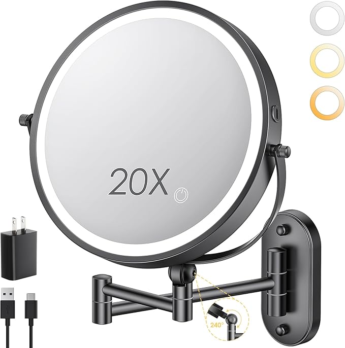 9" Wall Mounted Lighted Makeup Mirror,4000mAh Rechargeable Double Sided 1X/20X Magnifying Mirror with Light,Touch Dimmable,Extended Arm 360 Rotation Wall Mounted Makeup Mirror 3 Color Lights-B
