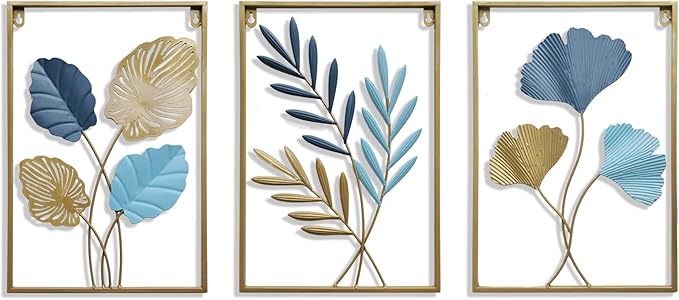 MKUN Iron Wall Sculptures - Large Set of 3 rectanglar Metal Wall Decor with Ginkgo Biloba Art Great for Home Hotel Decoration (Gold Blue)