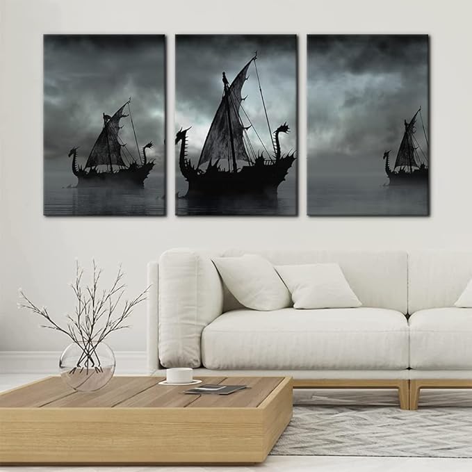 Pacimo Black and White Painting Wall Decor Vikings Ship Artwork Fantasy Sailing Boat Pictures for Living Room 3 Panel Dragon Modern Canvas Wall Art Framed Posters Prints Ready to Hang - 16" x 24" x 3