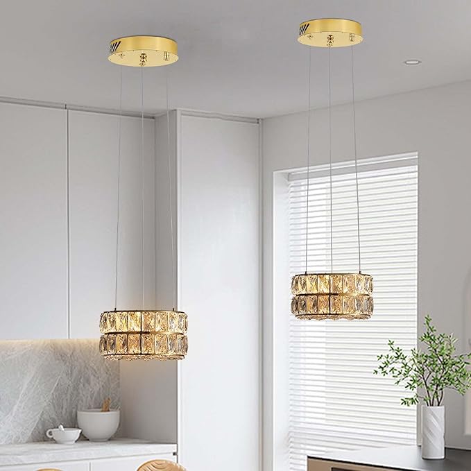 Led 11.8" Gold Ring Crystal Chandelier, Modern Dimmable Chandeliers Lighting and Hanging Adjustable, LED Round Ceiling Light Fixtures for Dining Room Living Room