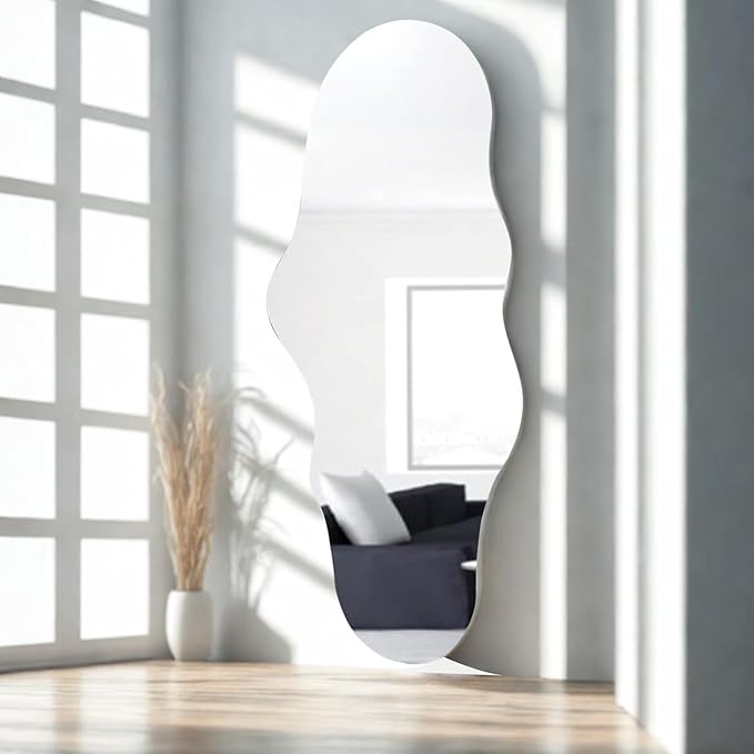 BST FURNH Unique Full Length Wall Mounted Mirror Tall Mirror Full Body Floor Length Mirror Dressing Body Frameless Mirror for Bedroom Bathroom Living Room,Irregular Shape Mirror,White Cloud 47x23''