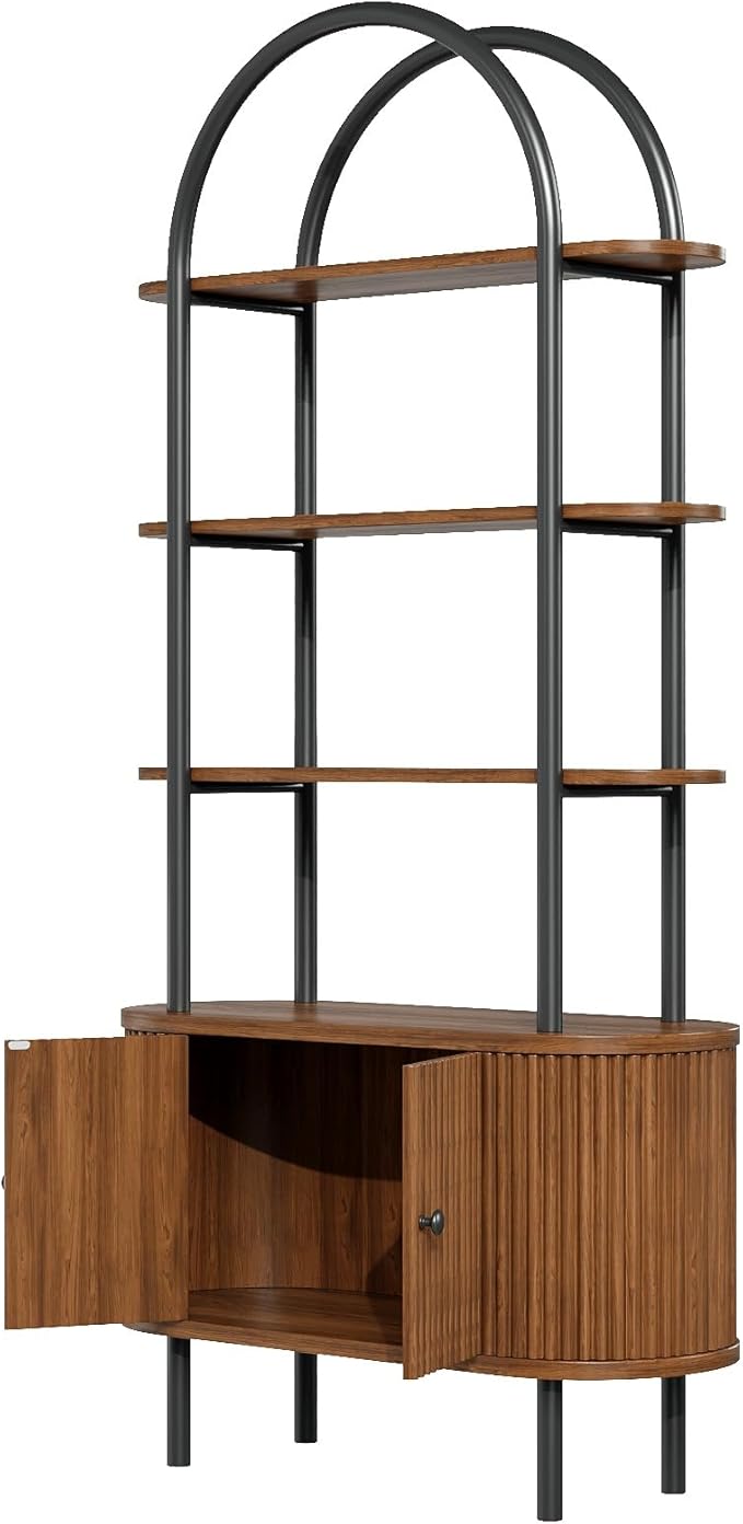 71" Tall Bookshelf, Bookcase, 4-Tier Book Shelf with Storage Cabinet, Curved Metal Frame Bookcase, Freestanding Industrial Storage Display Shelving for Living Room Office Bedroom, Walnut