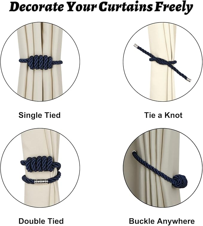 BEL AVENIR Magnetic Curtain Tiebacks, Decorative Drapery Holdbacks Modern Woven Tie-Backs with Exquisite Knot (Navy, 2 Pack)