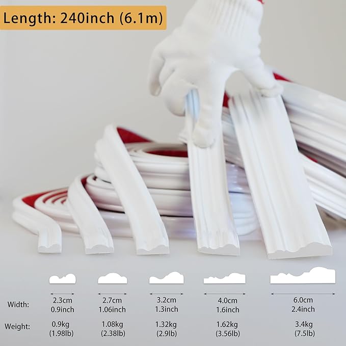 240"L x 1.6"W Peel and Stick Chair Rail Panel Molding, Pre-Primed Trim for Home Decoration & Wall Protection