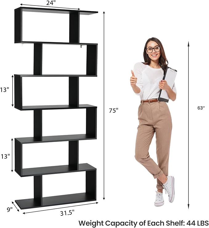6 Tier Geometric Bookcase, S Shaped Bookshelf, Book Shelf Room Divider, Wood Freestanding Display Shelves, 75 Inch Staggered Bookshelf for Bedroom Living Room (1, Black)