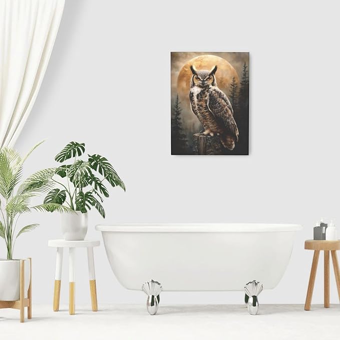 Cabin Owl Wall Art Moon and Forest Canvas Wall Decor Rustic Animal Pictures Paintings Prints Mystical Wildlife Artwork Framed Decorations For Bathroom Bedroom Living Room Office Gifts 12" x 16"
