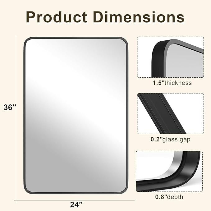 Black Bathroom Mirror 22×30 Inch Rounded Rectangle Bathroom Mirrors for Over Sink Metal Framed Bathroom Vanity Mirrors for Wall Modern Decor for Bedroom, Hallway, Fireplace