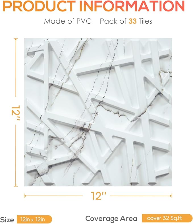 33 Pack 3D Wall Panels for Interior Wall Decor, 12''x12'' White Marble Accent Textured Wall Panels for Living Room, Gaming Room, TV Background, Cover 32 Sq.Ft