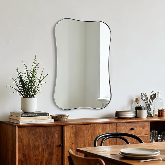 ANDY STAR 24x36'' Chrome Mirrors, Modern Rounded Corner Irregular Bathroom Mirrors with Notched Edges in 1 Inch Stainless Steel Frame Wall Mounted for Bathroom Vanity Home Decor