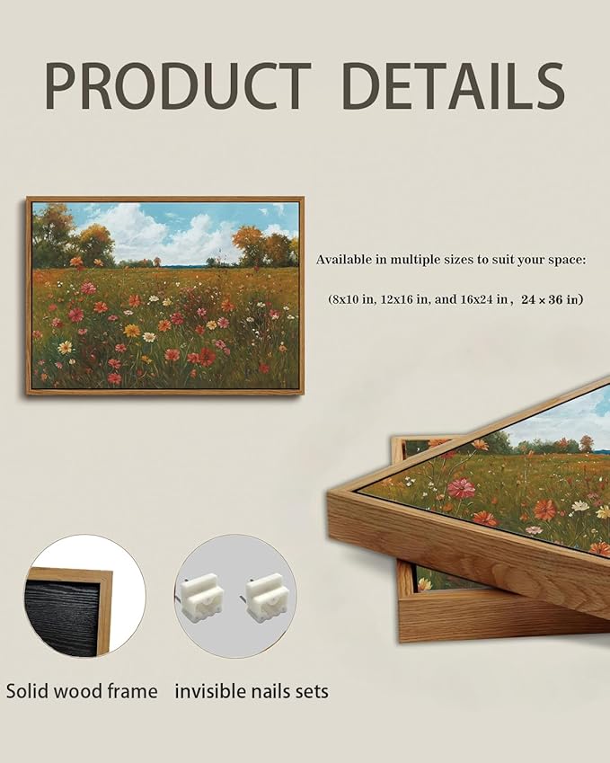 KISSFOX Vintage Landscape Framed Wall Art Autumn Farmhouse Wildflower Field Canvas Art Natural Fall Countryside Paintings Artwork Rustic Art Prints For Bedroom Bathroom Living Room