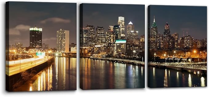 Pacimo - Cityscape Canvas Wall Art - Philadelphia Skyline with Urban Architecture - Modern Artwork Painting Prints for Home Decor Gallery Wrapped Stretched and Framed Ready to Hang - 12"x16"x3 Panels