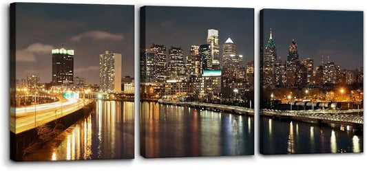 Pacimo - Cityscape Canvas Wall Art - Philadelphia Skyline with Urban Architecture - Modern Artwork Painting Prints for Home Decor Gallery Wrapped Stretched and Framed Ready to Hang - 12"x16"x3 Panels
